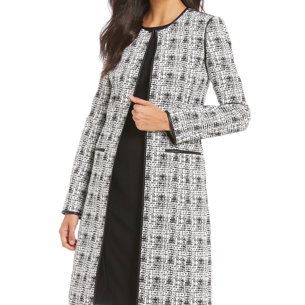 Calvin Klein White Black Printed Jacket Faux-Leather-Trim Long Size 8